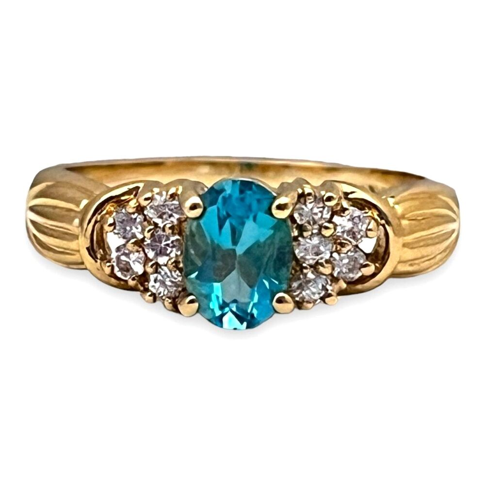 Vintage 1980s Blue CZ Ring Size 7 18KTGE Gold Plate Cluster - 14E